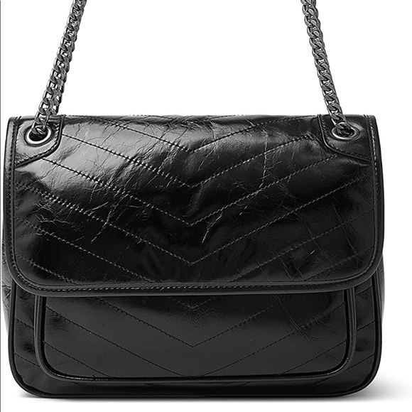 NWT Black Leather Chain Strap Satchel Handbag Shoulder/ Crossbody Bag - Picture 6 of 9